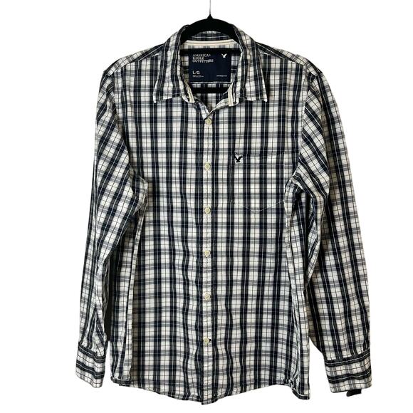 American Eagle Mens Shirt Size Large Vintage Fit Blue Plaid Button Down Logo - Picture 1 of 9